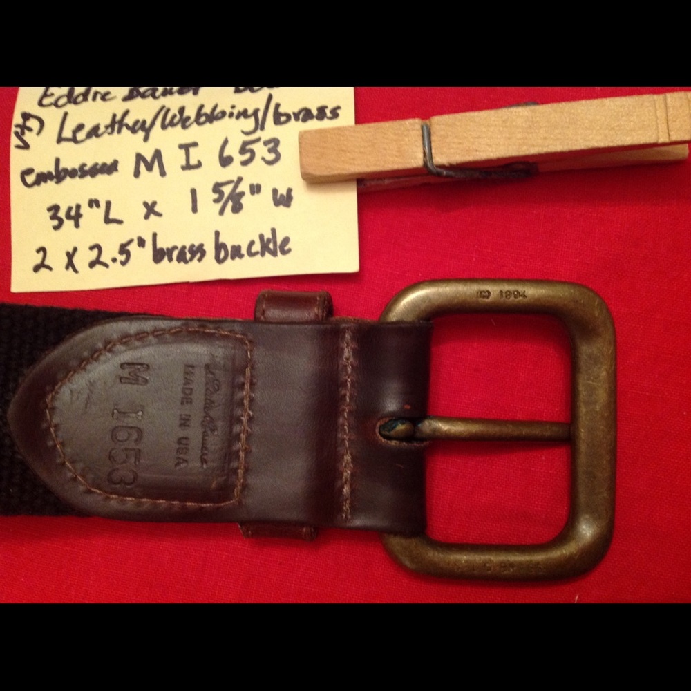 Eddie Bauer Belt /Leather trim, black webbing,brass buckle. 34”L. Vintg